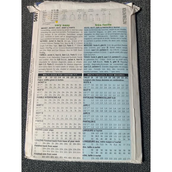 Butterick 5697 Sewing Pattern For Jacket Vest Skirt & Pants Sizes 14-16-18 Fast - Picture 2 of 2